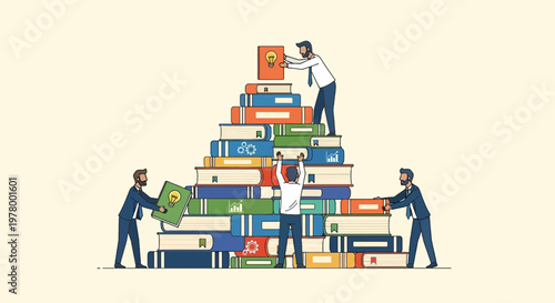 Business team stacking knowledge books to build idea tower illustration teamwork and collaboration concept bright color vector