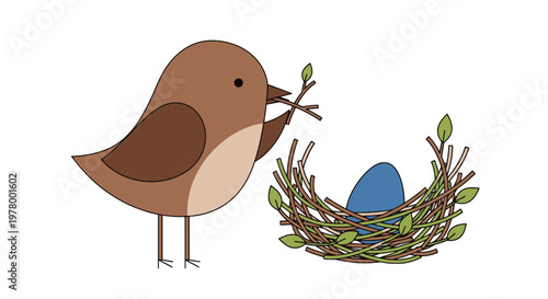 Cartoon bird adding twig to nest with blue egg vector illustration in cute minimalist style; nature themed graphics for kids design
