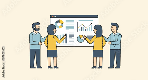 Business team presenting data insights on screen with charts and graphs in a flat vector illustration style light color palette