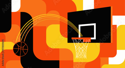 Basketball Hoop with Ball and Dynamic Abstract Background