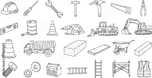 Black and White Line Art Vector Set of Construction Industry Tools, Heavy Equipment, Machinery, Building Materials, and Safety Gear Icons. Hand Drawn Outline Collection for Renovation