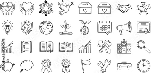 Hand-Drawn Black and White Line Art Icons Set for Charity, Non-profit, and Social Responsibility. Doodle Vector Symbols Collection of Community Support, Healthcare, Giving