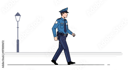 Cartoon illustration of a policeman on patrol walking down the street next to a lamppost with a focused expression in vector style