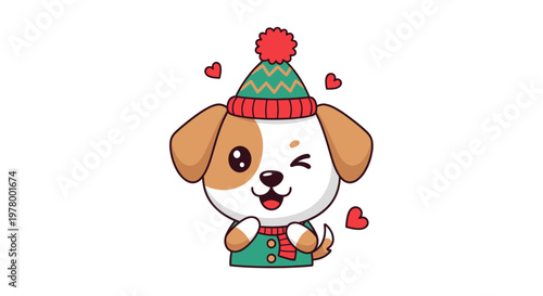Cute cartoon dog wearing winter hat and scarf, winking and sending love hearts