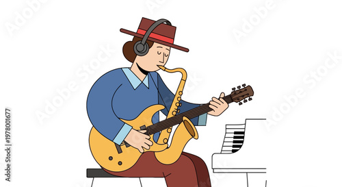 Cartoon musician playing saxophone and guitar simultaneously sitting near a piano in retro style; colorful musical performance art illustration