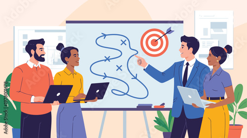 Diverse business team collaborates on a strategic marketing plan displayed on a whiteboard during an important meeting