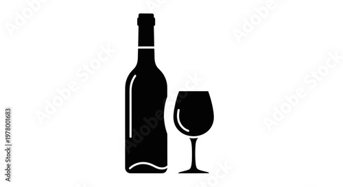 Elegant Wine Bottle and Glass Icon Silhouette on White Background