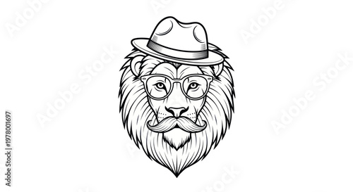 Dapper Lion Wearing Hat and Glasses with Moustache - Stylized Portrait