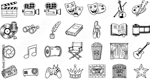 Black and White Hand-Drawn Line Art Entertainment Icons Set. Doodle Symbols Collection for Film, Music, Theater, Arts, Literature, and Gaming Industries. Outline Vector Elements.