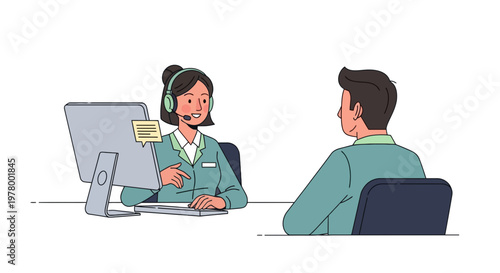 Customer service representative wearing headset helps male client at computer in office setting in flat vector style