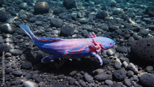 Axolotl swimming gracefully in volcanic underwater habitat