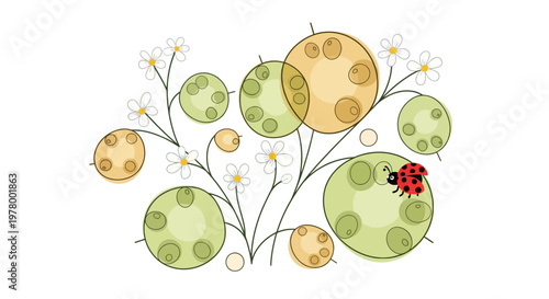 Cute ladybug resting on a green dotted leaf surrounded by daisy flowers in a playful illustration nature-inspired design colorful artwork