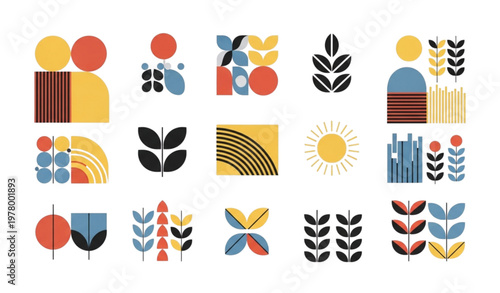 Bauhaus geometric agriculture pattern vector set with abstract natural shapes