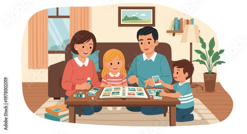 Family enjoying memory album together sitting at table in living room happy parents and children looking through photos cartoon style