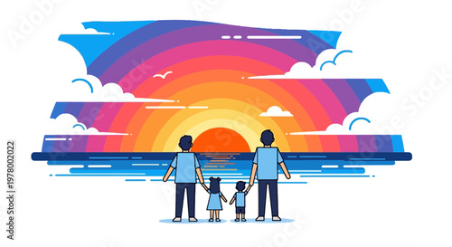 Family enjoying colorful vector sunset at the beach with two children; stylized linear illustration optimistic mood relaxing view