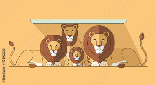 Family of lions illustration under a white ledge in minimalist flat vector design on tan background group of african animals in simple style