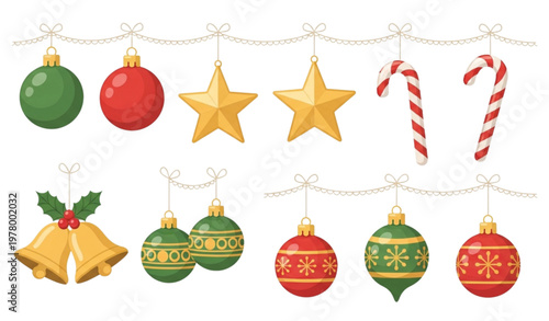 Cartoon Christmas tree decorations hanging ornaments vector illustration set