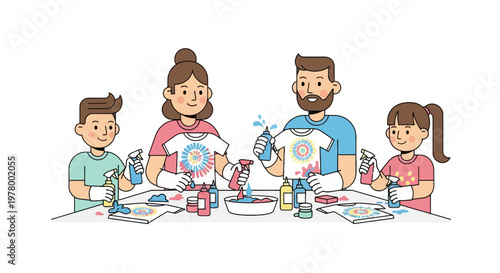 Family tie-dyeing shirts together at home; joyful parents and children crafting colorful spiral designs with dye bottles and spray bottles
