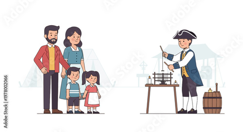 Family watches colonial era craftsman demonstrate a historical device at an outdoor colonial fair in cartoon style illustration