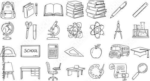 School Doodle Vector Set: Education Icon Collection, Outline Drawing