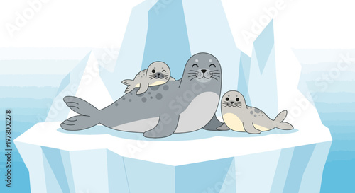 Adorable cartoon seals resting on iceberg; mother with baby on back and pup. Cute vector illustration in arctic scene for kids design.