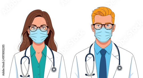 Medical professionals, doctors, healthcare workers, wearing masks, stethoscopes, vector illustrations
