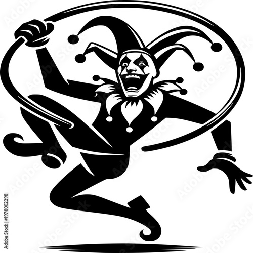 Whimsical Joker: A spirited joker, in traditional attire, leaps with glee, wielding a playful prop, ready to entertain and amuse.