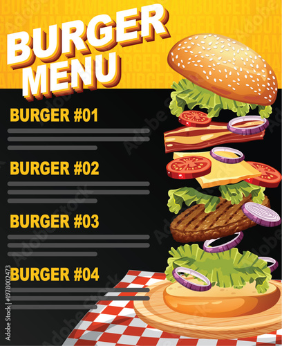 Fast Food Restaurant Burger Menu Template with Exploded View Illustration