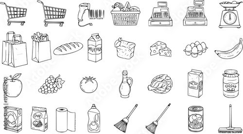 Supermarket and Grocery Shopping Icons Set in Hand-drawn Black and White Line Art Style. Collection of Retail Store Items, Food Products, Shopping Carts, Cash Registers, and Household Goods.