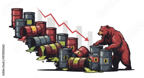 Bear market symbol with falling oil barrels and downward trend graph.
