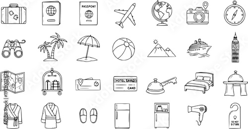 Travel and Tourism Line Art Vector: Suitcase, Passport, Airplane, Globe, Cruise Ship, Hotel, Vacation - Microstock Vector
