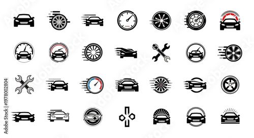 Collection of car icons and symbols for automotive industry.