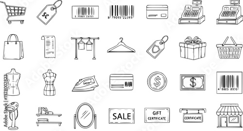 Shopping Icons: Line Art Retail Store Symbols, Boutique Elements, Online Sale, E-commerce, Discount, Commerce, Supermarket