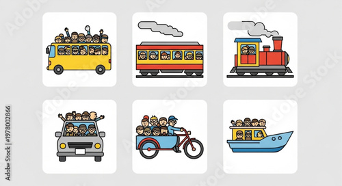 Collection of diverse transportation vehicles filled with people.