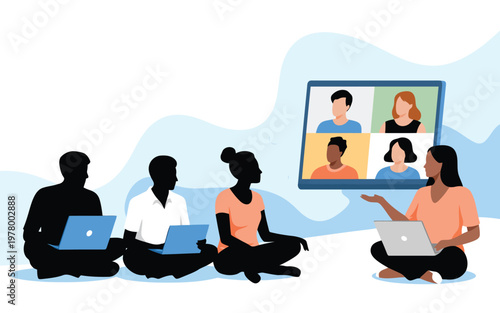 Diverse individuals sitting together on the floor using laptops and joining a remote video conference call