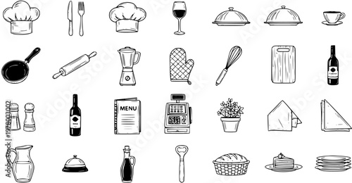 Black and White Line Art Icons of Food and Restaurant Objects - Kitchenware, Dining, and Service Items