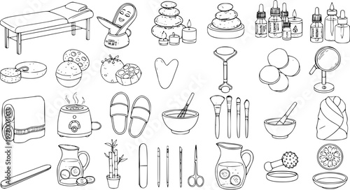 Spa, Beauty  Wellness Essentials Hand-Drawn Black  White Line Art Set. Collection of Skincare Tools, Relaxation Accessories, Massage Equipment, and Salon Products for Self-Care  Treatment.