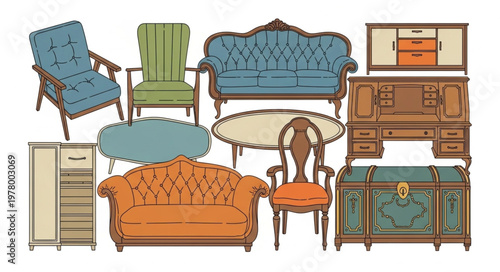 Collection of antique furniture pieces displayed together.