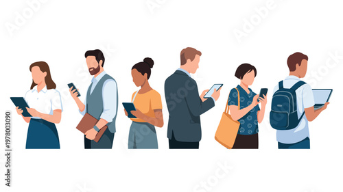 Diverse individuals without facial features stand, using their smartphones, tablets, and a laptop