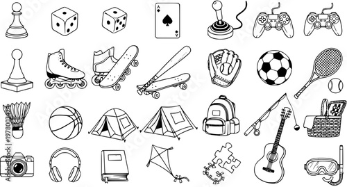 Black and White Line Art Icons Set for Leisure, Hobbies, Sports, and Games Activities