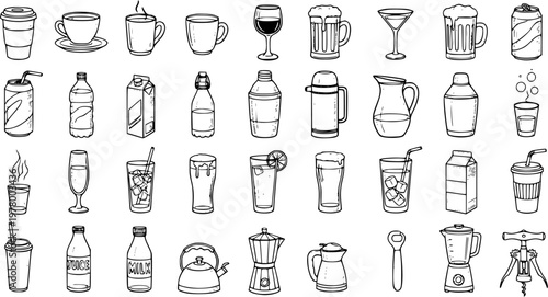 Food and Drink Beverages and Kitchenware Doodle Line Art Icons Set. Hand Drawn Collection of Cafe, Bar, and Household Items in Black and White Outline Style for Menu or Decor.