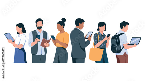 Diverse professional and casual people focused on their mobile phones, tablets, and laptops for daily tasks