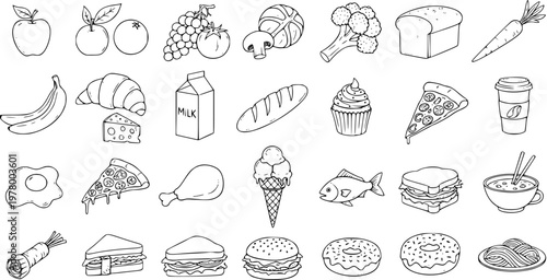 Food and Drink Icons Collection - Black and White Hand Drawn Line Art Sketch Set of Groceries, Meals, and Restaurant Items. Outline illustrations for menu, nutrition, and cooking.