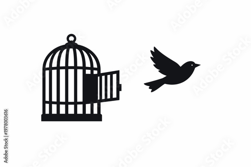Minimalist Bird Flying Out of Cage
