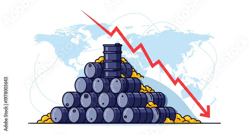 Oil barrels stacked pyramid with downward trending red arrow and world map.