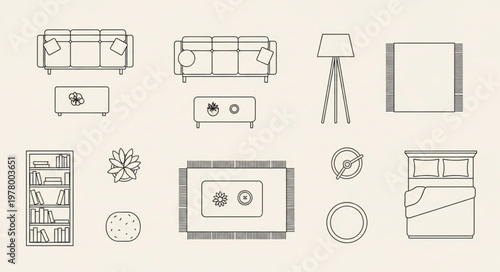 Top view furniture and decor elements for interior design.