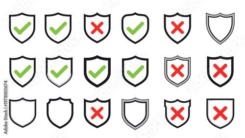 Grid of security shield icons featuring green checkmarks for safety red crosses for warning and empty shields for customization in web design.