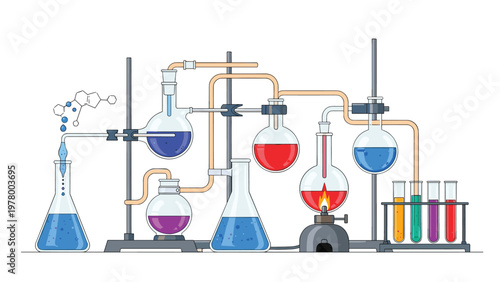 Complex scientific laboratory setup with glass flasks and tubes containing colorful liquids being heated and distilled for chemical research.