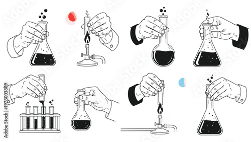 Collection of hands performing laboratory experiments with test tubes, beakers, and burners in a classic scientific drawing style.