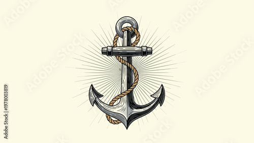 Traditional nautical anchor with a rope wrapped around it and light rays in the background symbolizing maritime strength and safety.